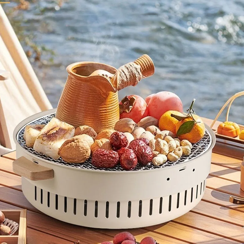 Outdoor multifunctional barbecue grill camping tea making baking tray net carbon baking basin stainless steel material with sink