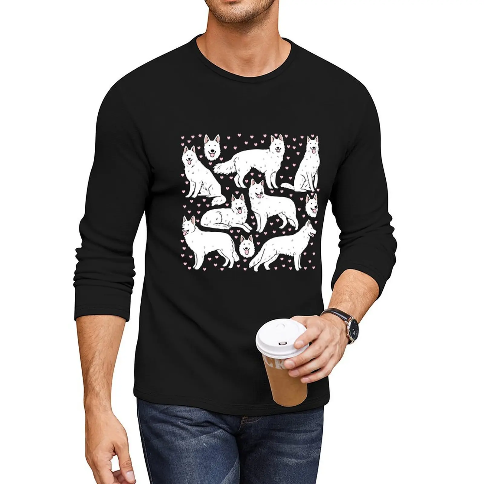 White Swiss Shepherd Dog cute illustration pattern Long T-Shirt plus size t shirts Men's t-shirt