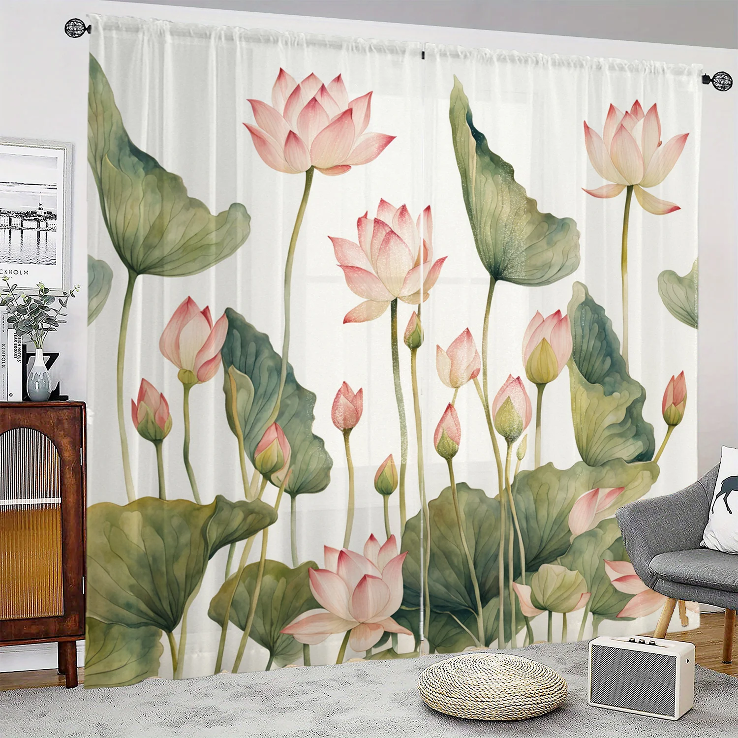 2PCS Lotus Print Sheer Curtains – Polyester Rod Pocket, Modern Style for Bedroom Living Room Study Dining