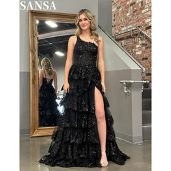 Sansa Glitter A-line Lace Evening Dress Multilayer Floor-Length Wedding Dresses One Shoulder Side Splite vestidos de fiesta 2024