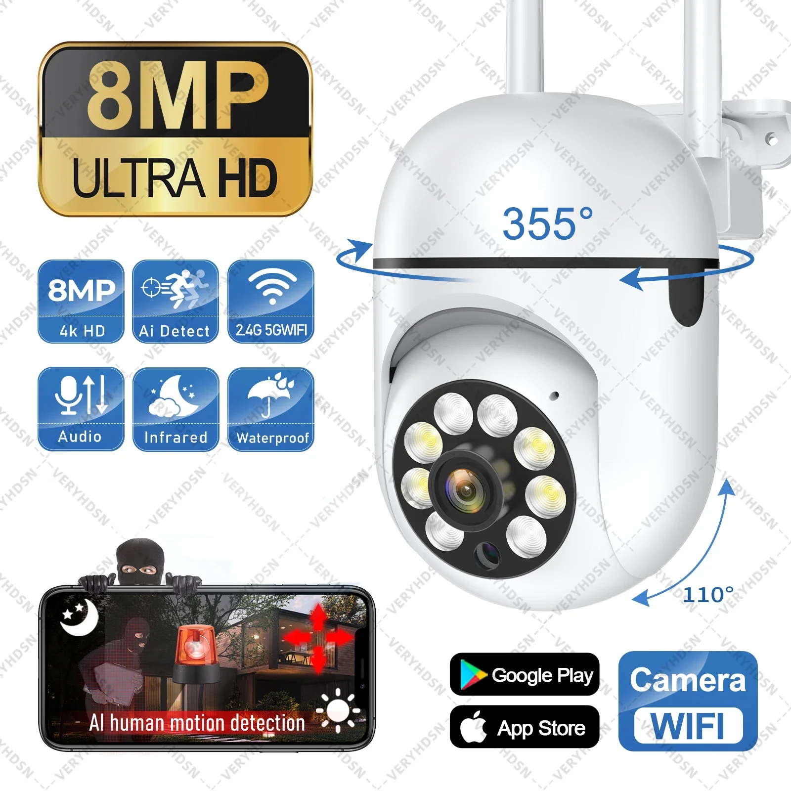 Zoom Cameras AI Human Tracking Two-way Audio HD Night Color Cam 8MP Wireless Security Surveillance PTZ Camera Wifi IP Outdoor 4X