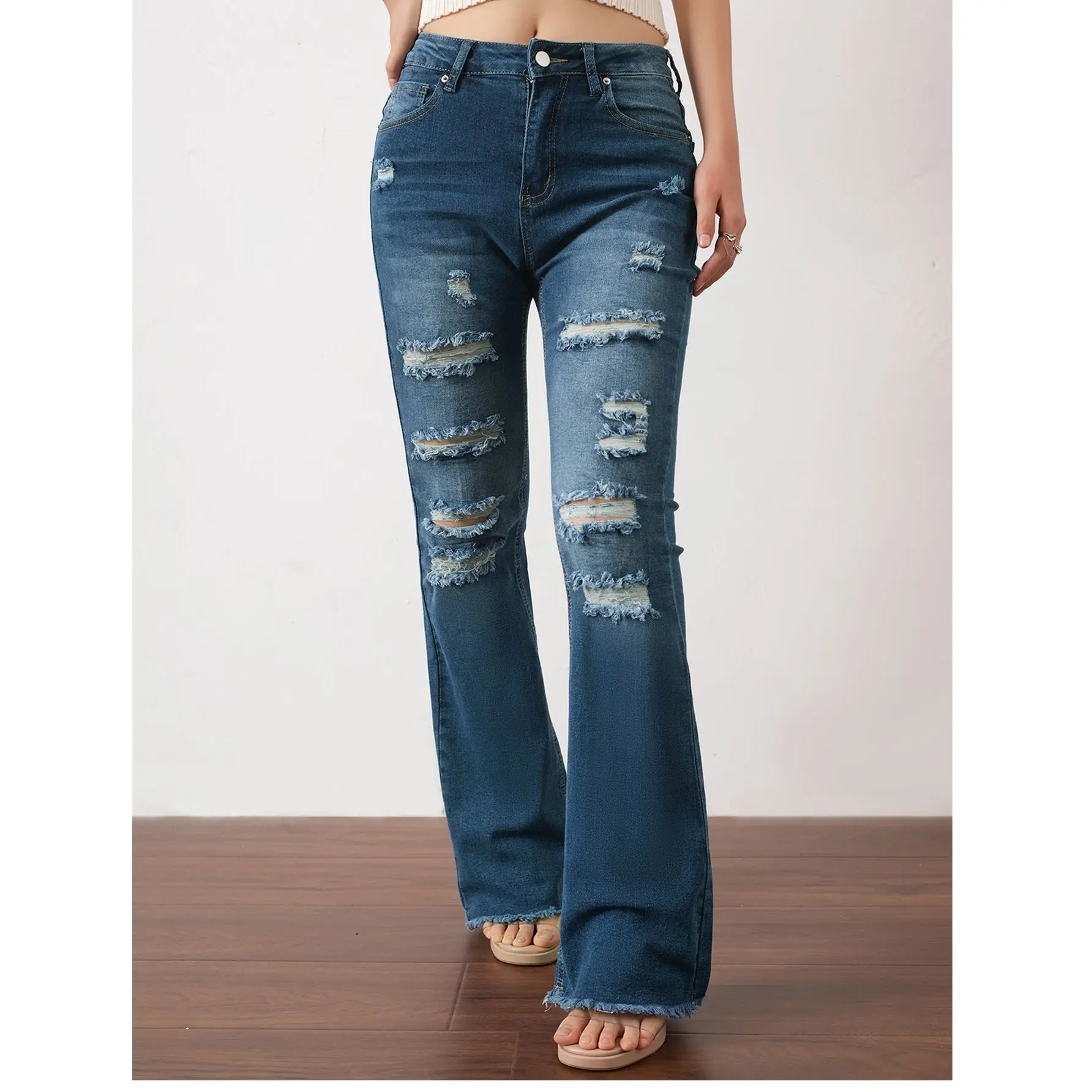 

Spring and Autumn Women's Jeans American High Waist Elastic Casual Versatile Blue Slimming Punched Cowboy Bellbottom Pants