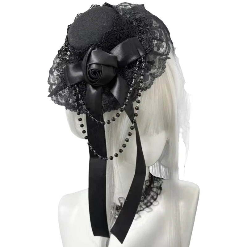 

E15F Subcultures Hair Accessories Top Hat Hair Clips Gothic Lolitas Lace Headdress