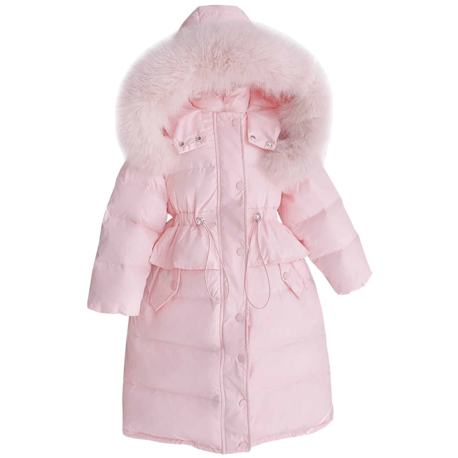 

Fashion Girls Long Puffer Coat Warm Thick Parka with Big Fur Hood Imitation Pearl Drawstring Teenager Girls Winter Skiing Suits