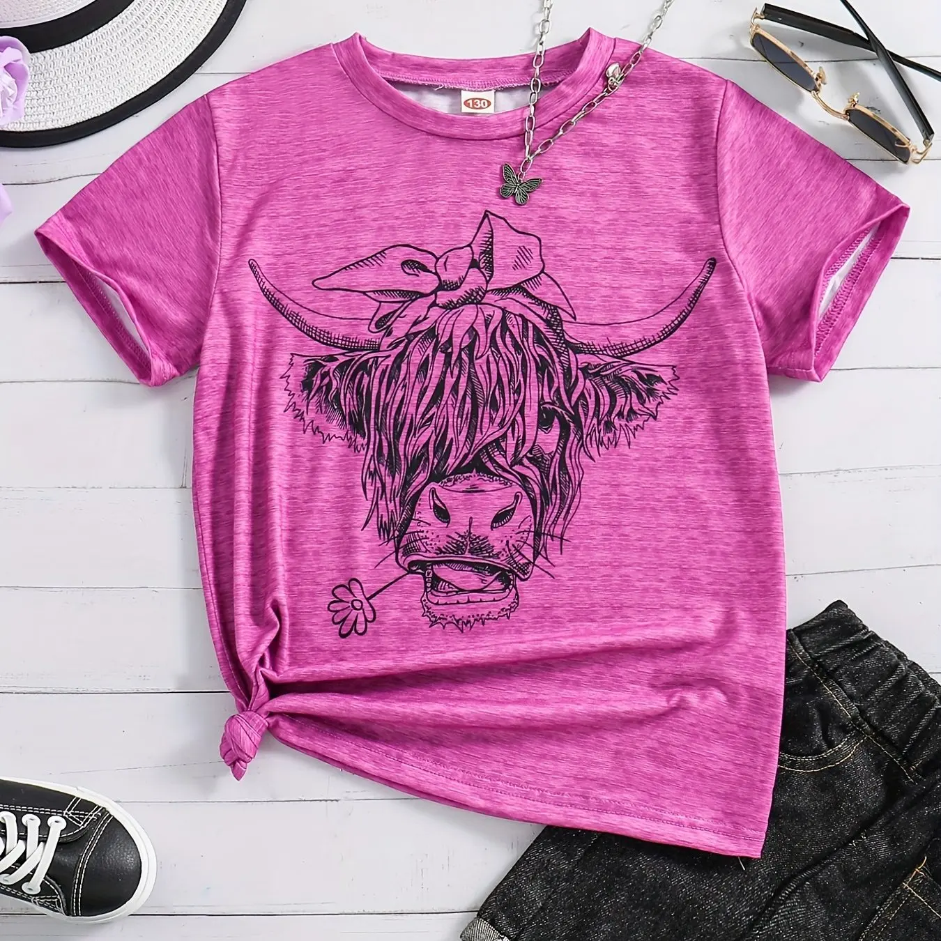 

Children's Clothing Girl T-Shirt Short Sleeve Child T Shirt Adorable Cow Pattern Round Neck Kids Summer Clothes Casual Girl Tops