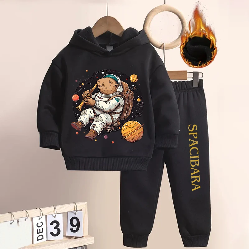 Capybara Astronaut print kids hoodie set black plus velvet sports sweatshirt pants 2-piece set for boys and girls