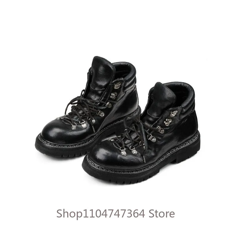 British Genuine Leather Hiking Vintage Washed Thick Sole Lace‑up Ankle Boots Men's Shoes Outdoor Work Motorcycle Boots Male
