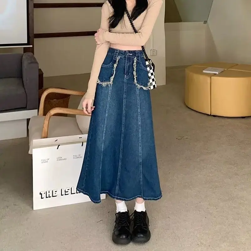 

Fashion Blue Denim Skirt Vintage Casual Streetwear A- Line Street Solid Color Elegant High Waist Denim Skirt New ﻿