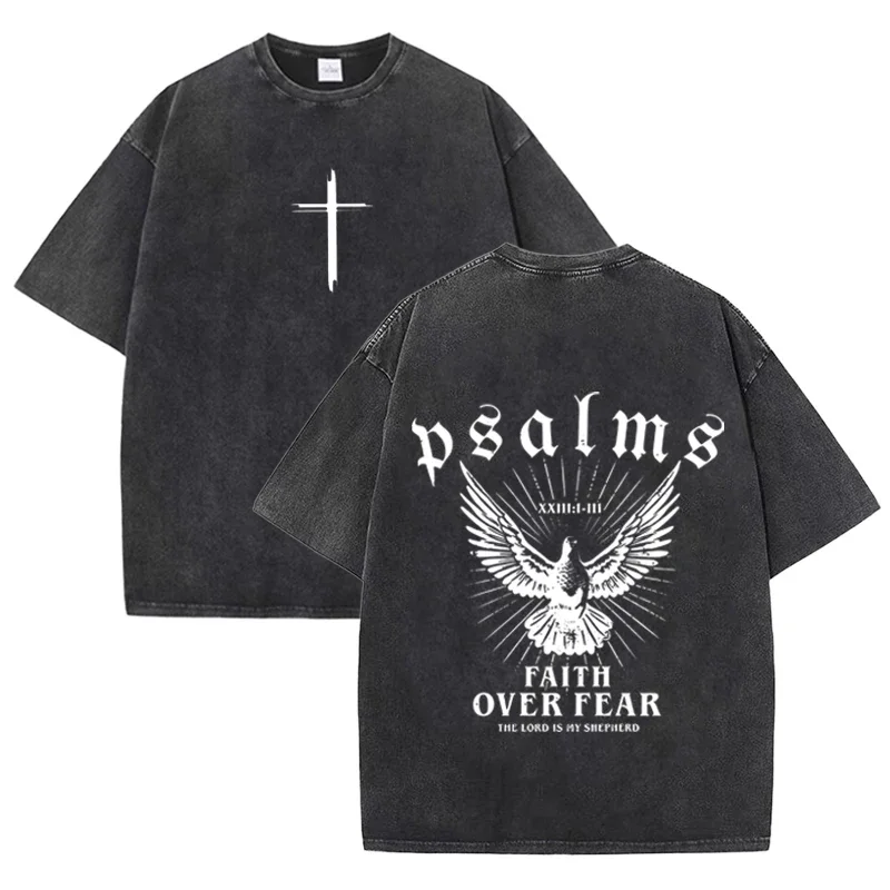 Retro Faith Over Fear T Shirt Psalms Dove Print Casual Washed Religious Streetwear