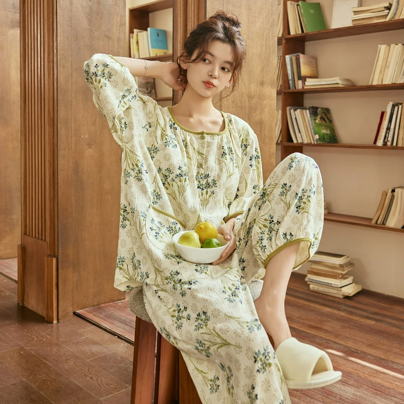 

Pajamas Women's Summer Models with Chest Pads Seven-quarter Sleeves Cloud Cotton New Pastoral Women's Loungewear Set Breathable
