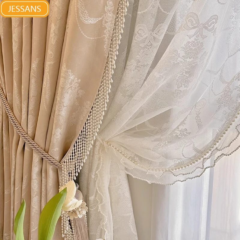 

Embroidery White Screen Window Screen Pink Jacquard Curtains for Living Room Bedroom Floor-to-ceiling Window Customization