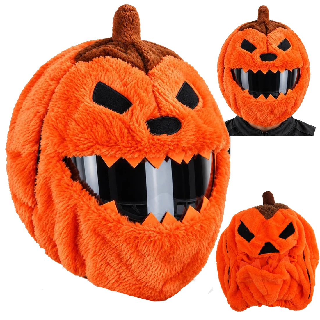 Halloween Pumpkin Motorcycle Helmet Cover for Full Face Helmets, Plush Cartoon Decoration for Fun Rides Costume Events Photos