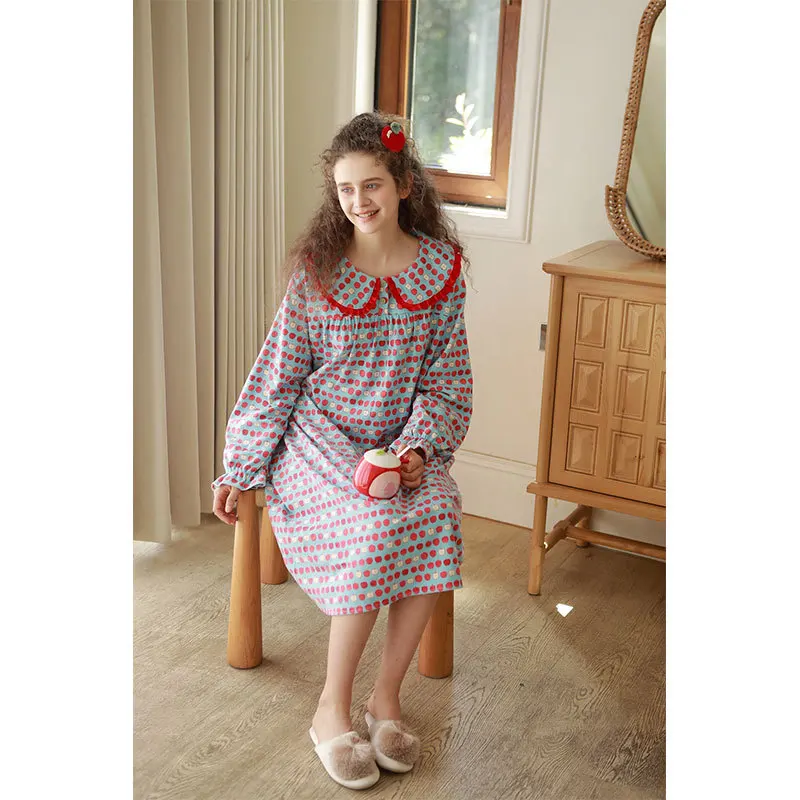 ثوب نوم الأميرة اللطيف للنساء فستان نوم بطبعة أبل كاواي مع ياقة بيتر بان مكشكشة وأكمام طويلة على شكل حرف a ملابس نوم