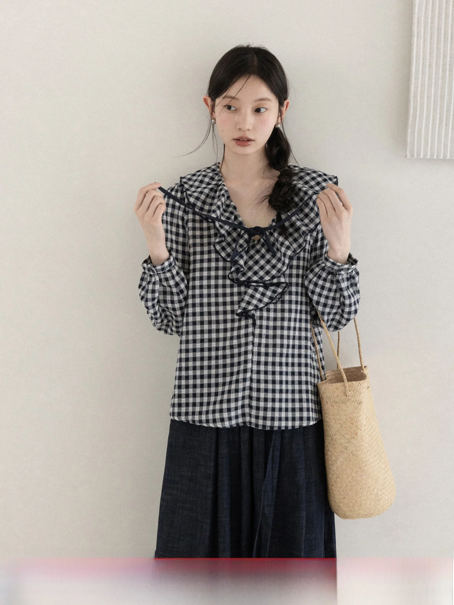 

Retro Korean Style Long Sleeve V-Neck Plaid Shirt Women's Commute Inner Wear Casual Loose Fit Breathable Cotton Shirt