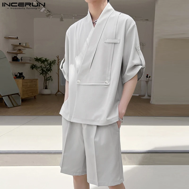 INCERUN Men Fashion Harajuku Tops 2024 Simple Loose Five Quarter Sleeve Shirts Korean Style Handsome Button Three-Breasted Cloth