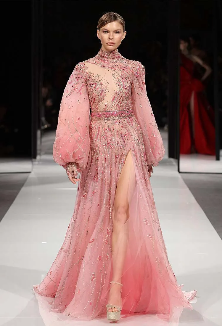 L188New Arrival Puff Sleeves High Neck Pink Gradient Beaded A-line فساتين السهرة vestidos de fiesta فساتين سهره evening dresses