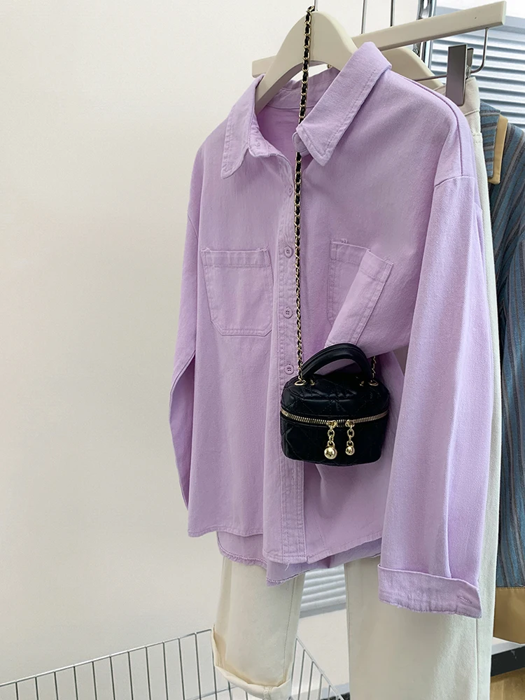 Purple Denim Shirt Coat Women 2024 Autumn New Design Sense Niche Solid Color Shirt Fashion Versatile Loose Jacket