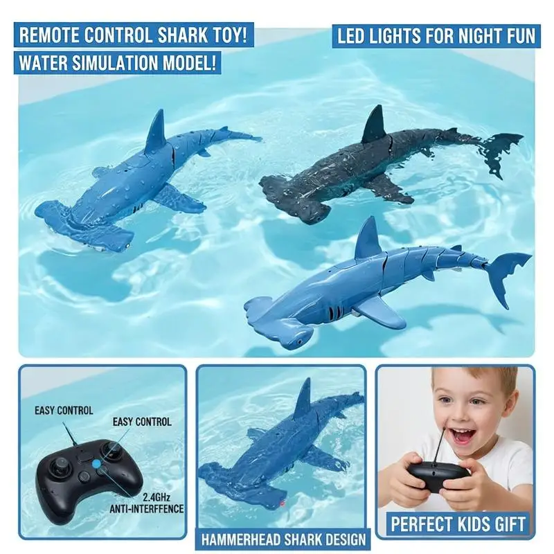 Remote Control Shark Toy Robot Swimming Hammerhead Water Simulation Model LED Light RC Toy for Kids Gift