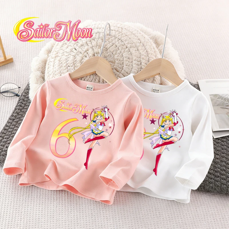 

Sailor Moon Girl Birthday Long Sleeve T-shirt Cute Cartoon Top Children Baby Casual T-shirt Kids Tees Birthday Party Clothe Gift