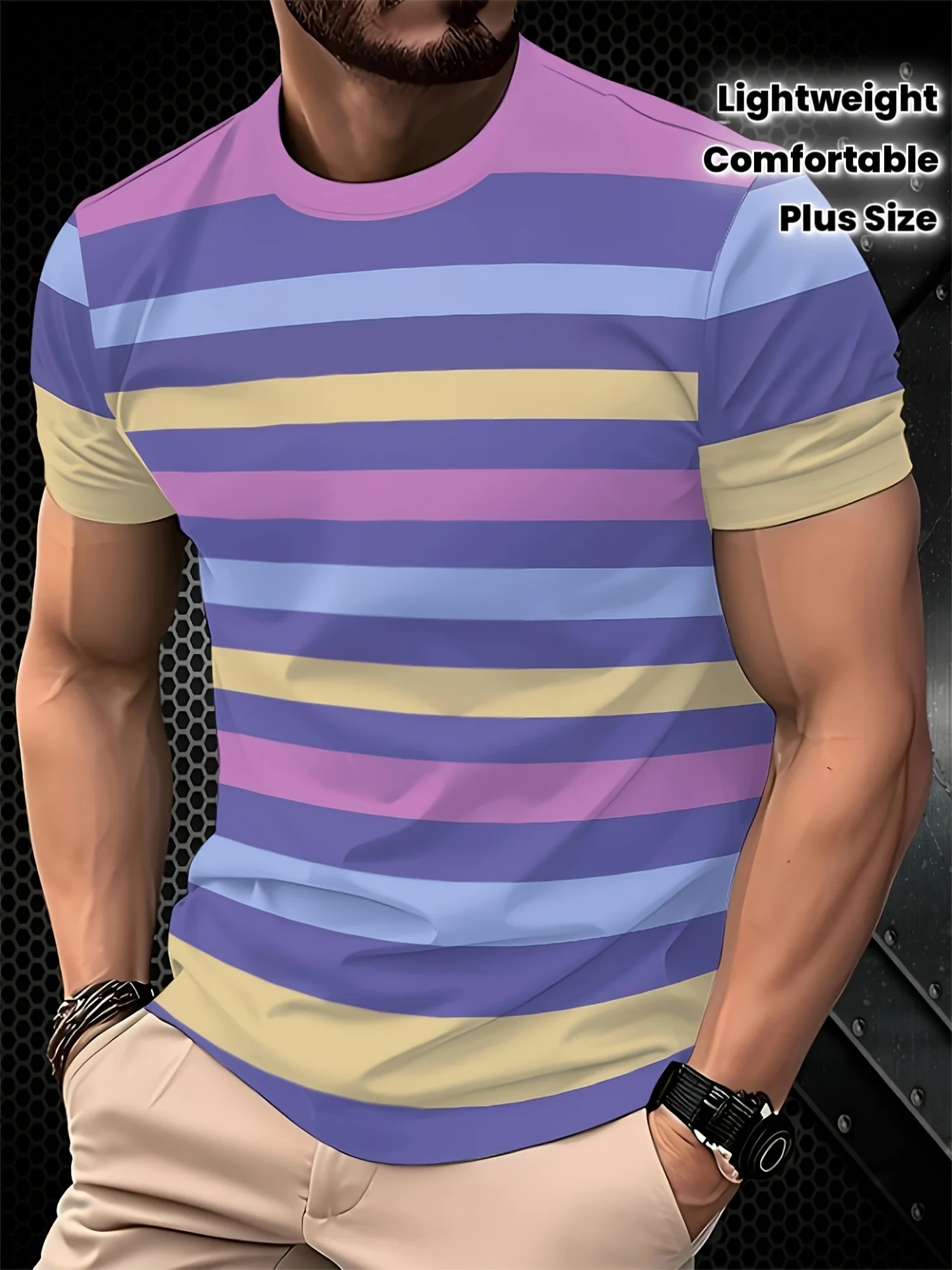 Men Mesh Sports T‑Shirt Multicolor Pastel Horizontal Stripe O‑Neck Short Sleeve Summer Plus Size Casual Top