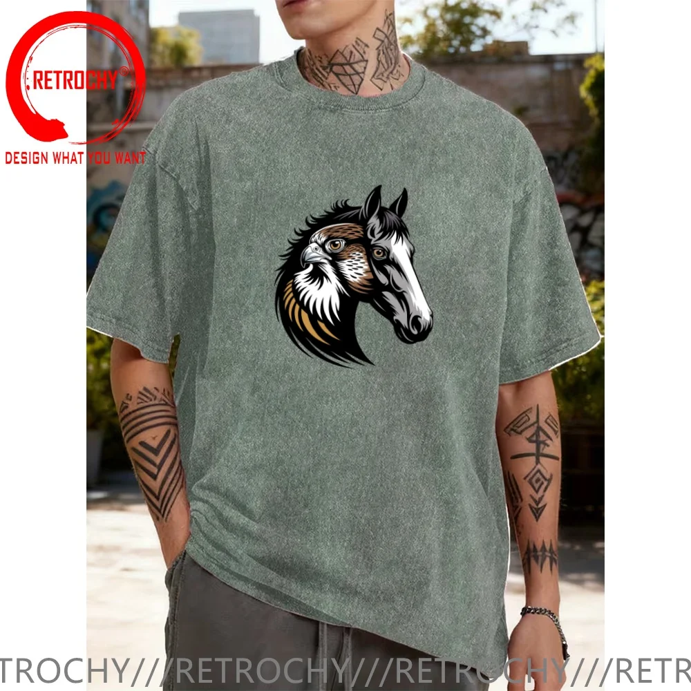 Vintage Washed Cotton T-Shirt Funny Designer Horse Eagle T Shirt Men Fashion Trendy Casual Clothing Stylish Tops Tees