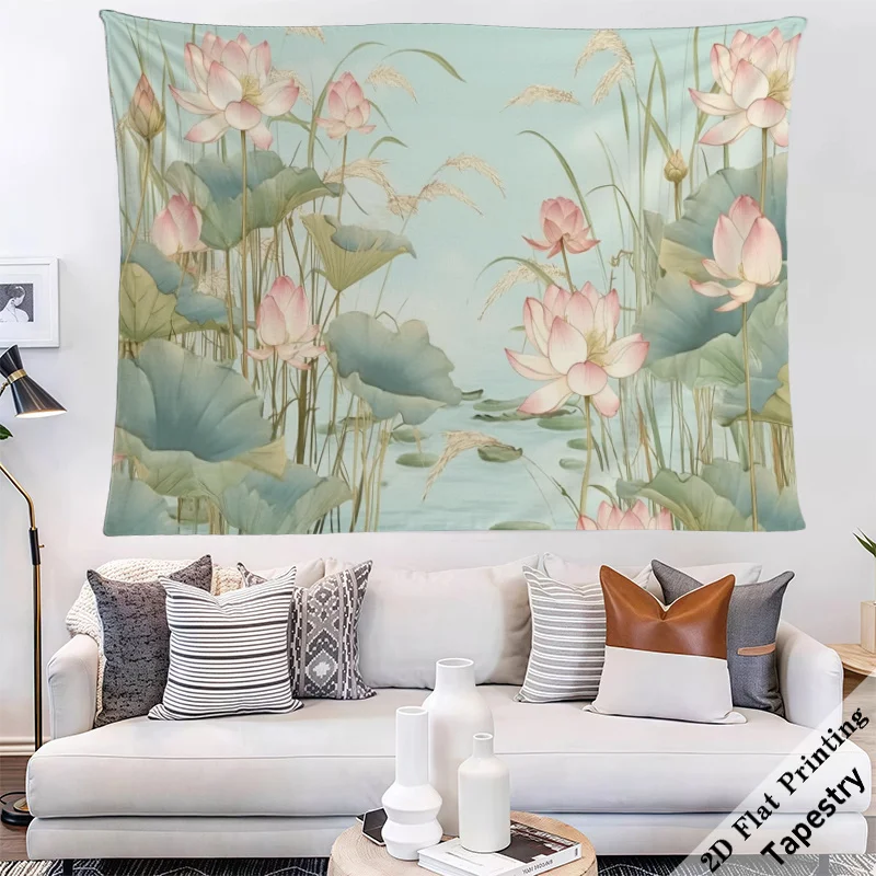 Bohemian Lotus Flower Tapestry Wall Hanging Pond Nature Decor Tropical Watercolor Art for Living Room Boho Bedroom Accent