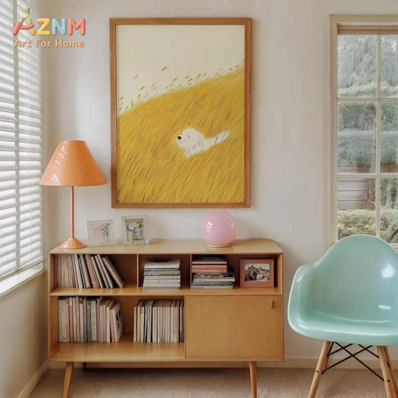 AZNM Oil Painting Happy Dog Canvas Print Puppy Reading Book In Bed White Dog In Golden Grass Cute Pet Minimalist Home Bedroom Wa