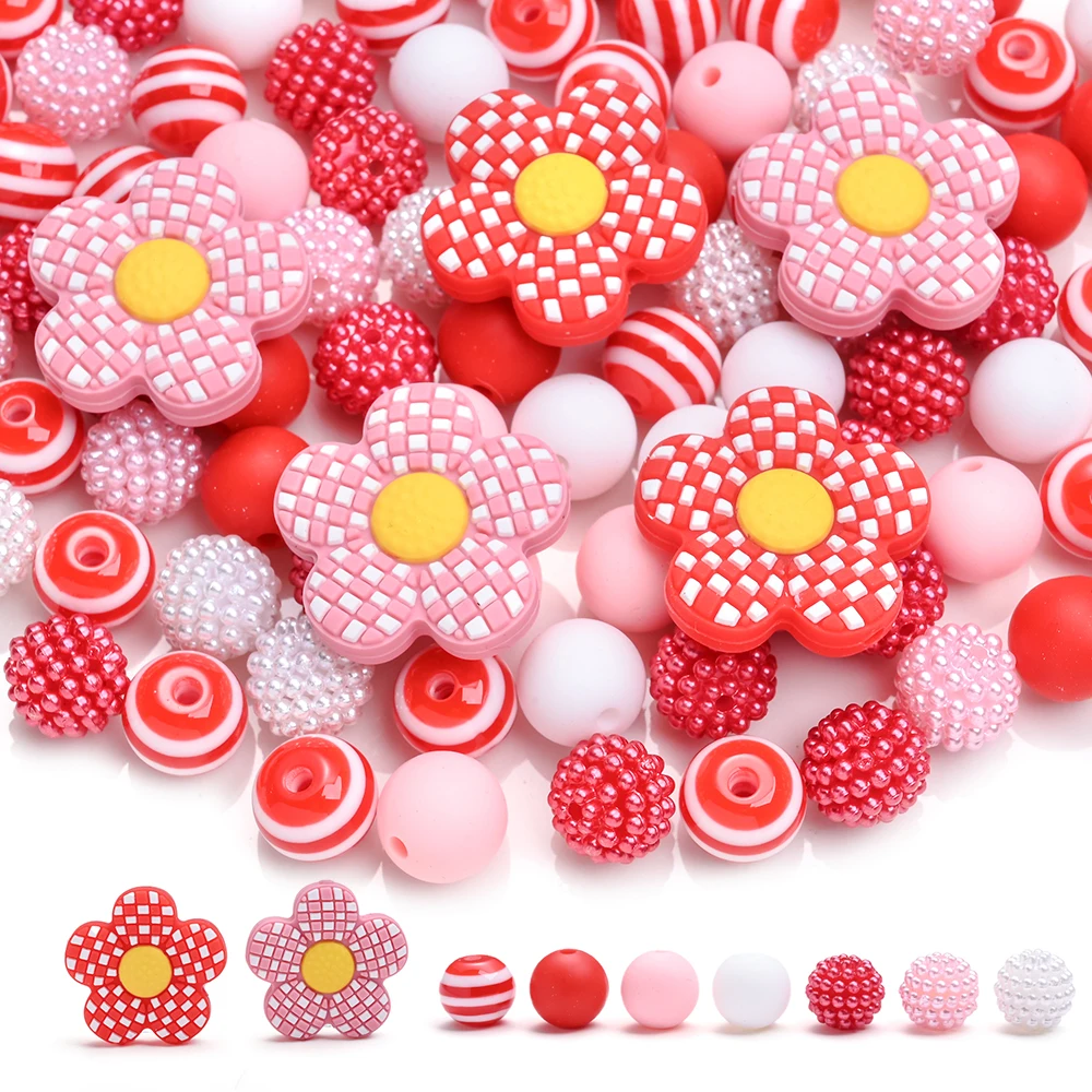 72Pcs Flower Beads Pink Red Suit Valentine's Day Style for Holiday Gifts Decorations Keychain Charms Lanyard Phone Chain Making