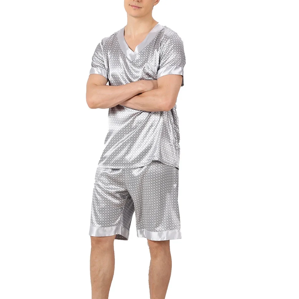 Men's Emulation Silk Satin Pajamas Set Geometry  Print Silver Gray V Neck Shorts Sleeve Tops T Shirt +shorts Sleepwear Sets