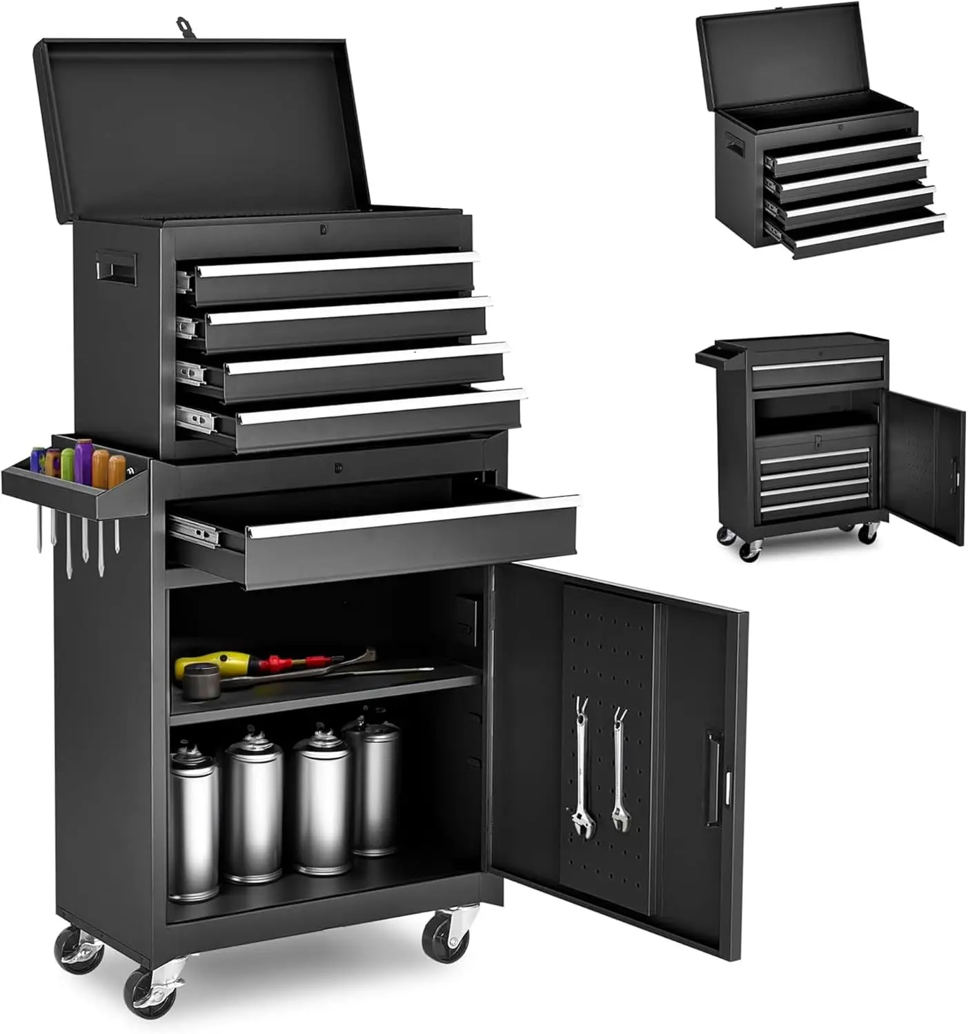

Roller cabinet with 5 drawers removable top box with inner lining adjustable shelf locking mechanism parking brakes tool trolley
