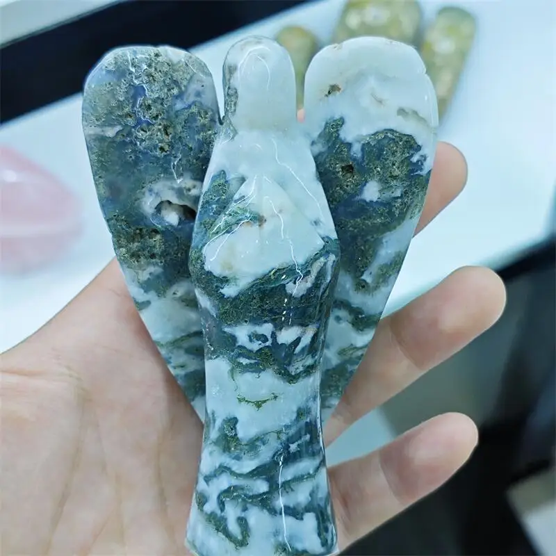 Natural Moss Agate Angel Carving Small Healing Fengshui Crystal Gemstone Carved Sculpture Collection Gift 1pcs