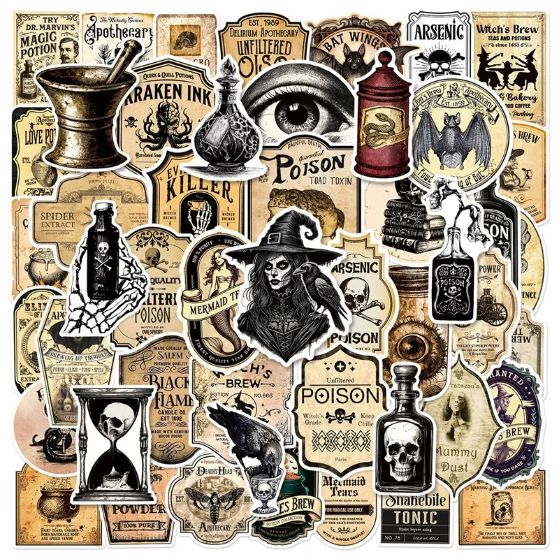 10/30/50/100PCS Retro Witch's Potion PVC Sticker Aesthetic Children's Decoration Scrapbooking Supplies DIY Hand Accounting