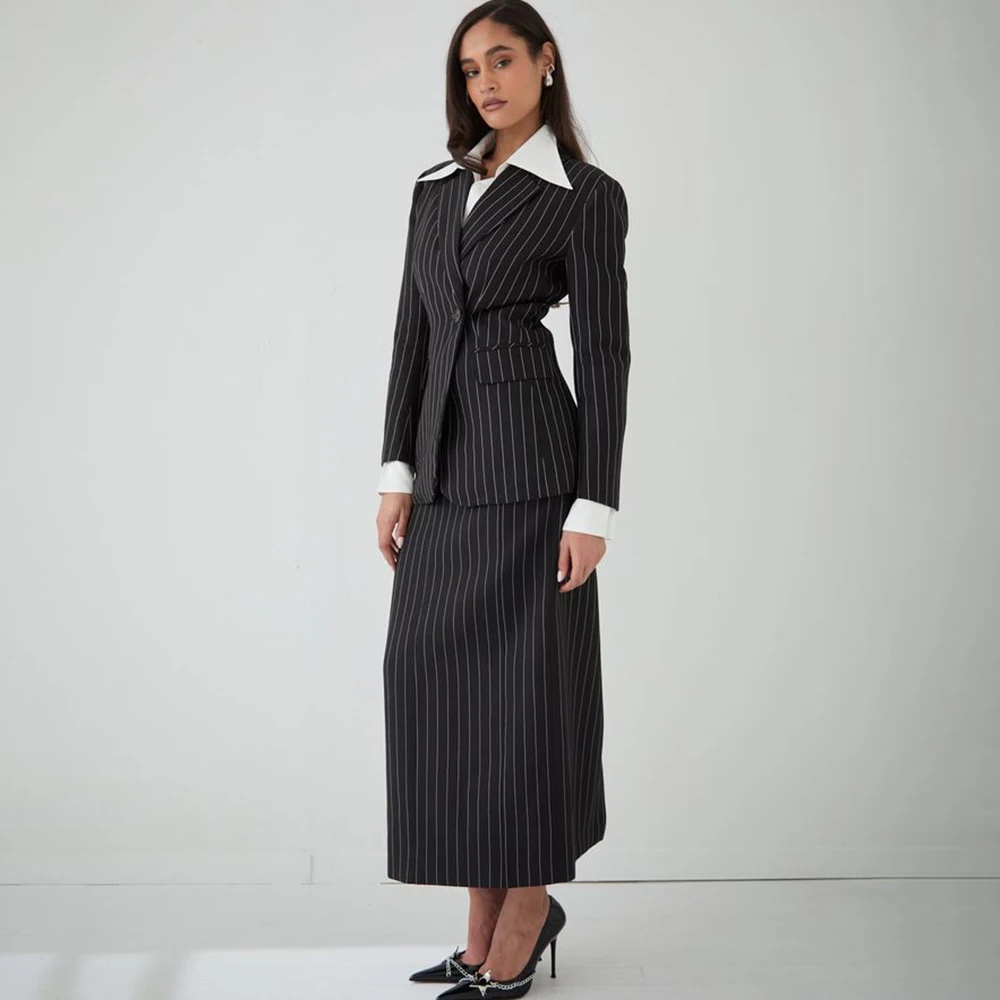 Women Black Pinstripe 2 Piece Suit Single Button Blazer & Midi Skirt Set Office Business Formal Wedding Guest Outfit
