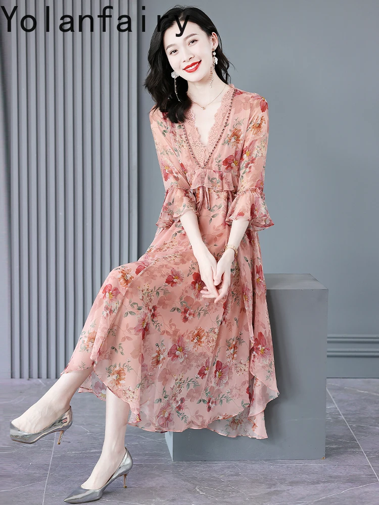 YOLANFAIRY 100% فستان حريري التوت الأصلي للنساء تقسم الدانتيل الخامس الرقبة فستان أنيق جودة عالية فساتين طويلة الأزهار امرأة