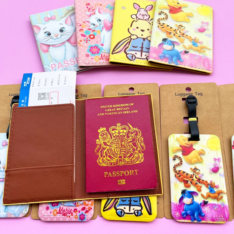 1Set Winnie Pooh Bear Passport Cover and Luggage Tags Travel Passport Holder Baggage Tag Business ID Card Holder Luggage Label