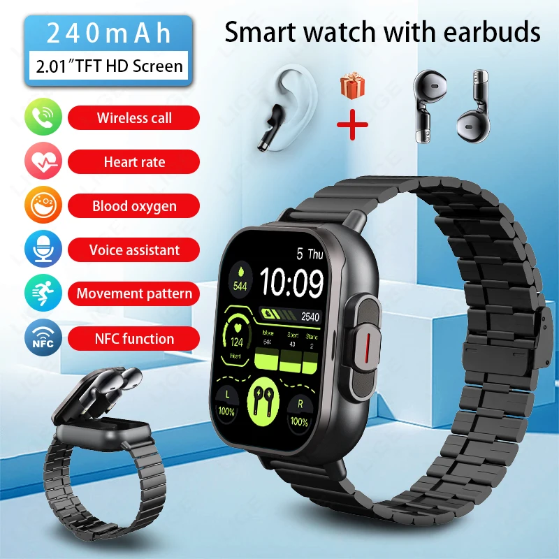 NFC Smart Watch TWS 2-in-1 Headset Bluetooth Call Heart Rate Blood Pressure Health Monitoring Headphones Play Music Smartwatch