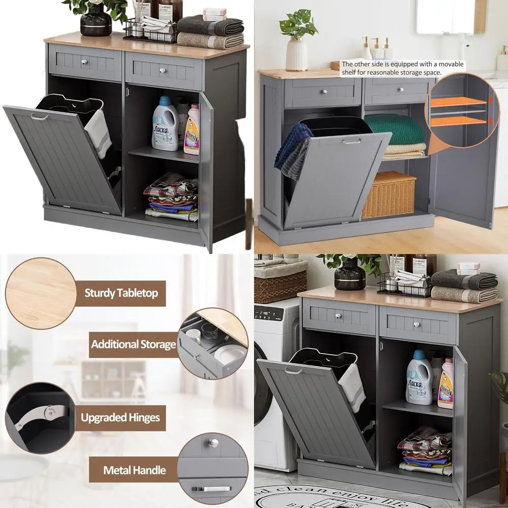 

Серый кухонный шкаф для мусорного бака с наклоном и скрытыми ящиками, защита от домашних животных для переработки и хранения вещей