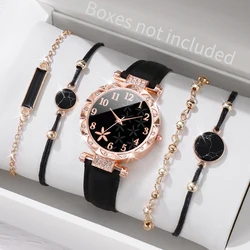 5pcs/set Fashion Women's Watch Flowers Dial Leather Band Quartz Watch Bracelets Set（Without Box）