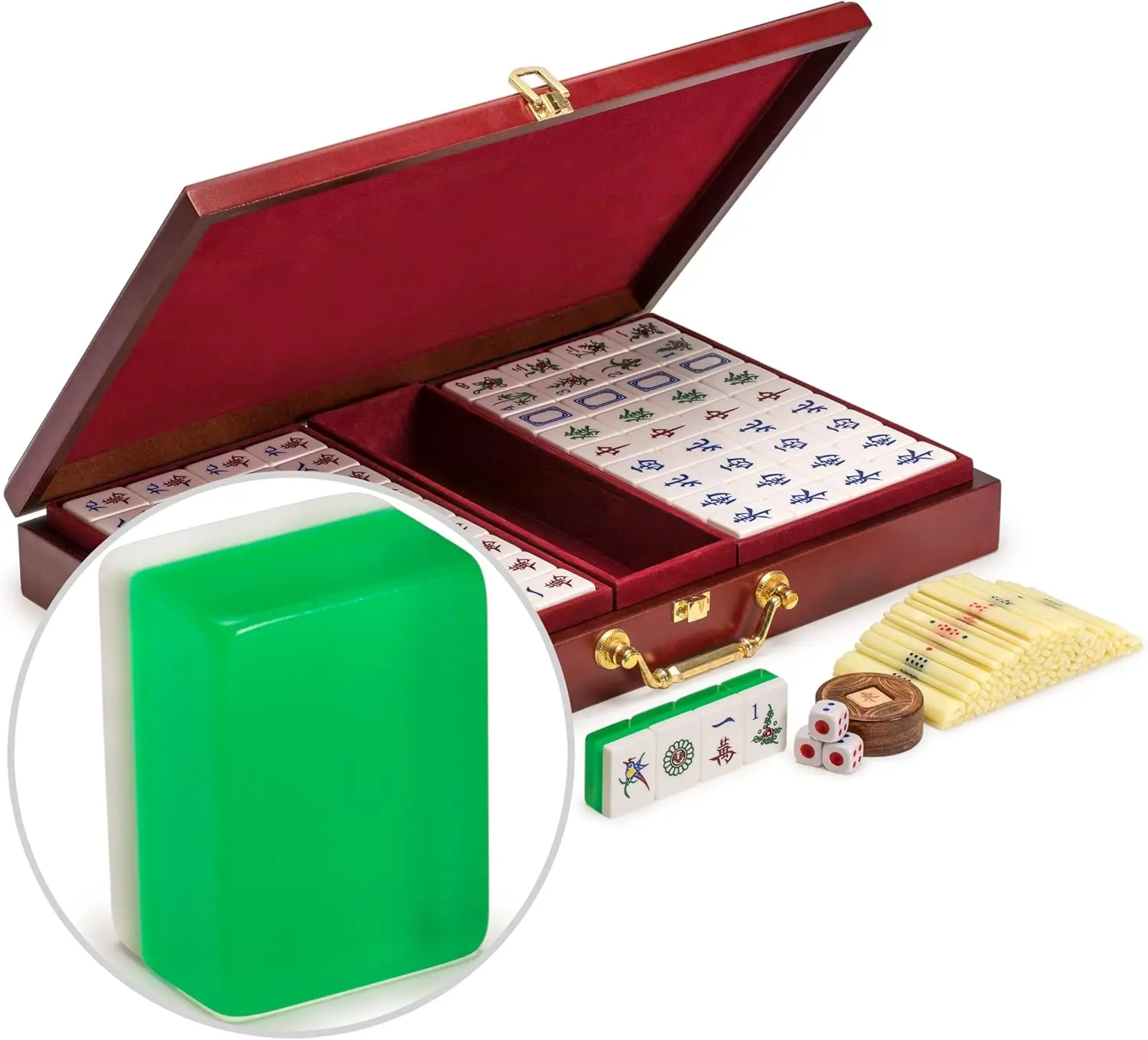 

Classic Chinese Mahjong Set with 148 Translucent Green Tiles and Wooden Case for Family Game Nights