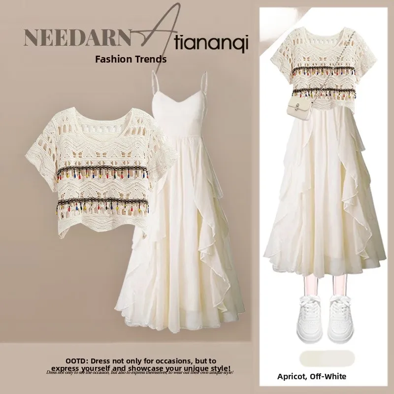 

Summer Knitted Hollow out Casual Women's Dress Set Vintage Style Top And Casual Halter Dress Two Piece Set plus Size