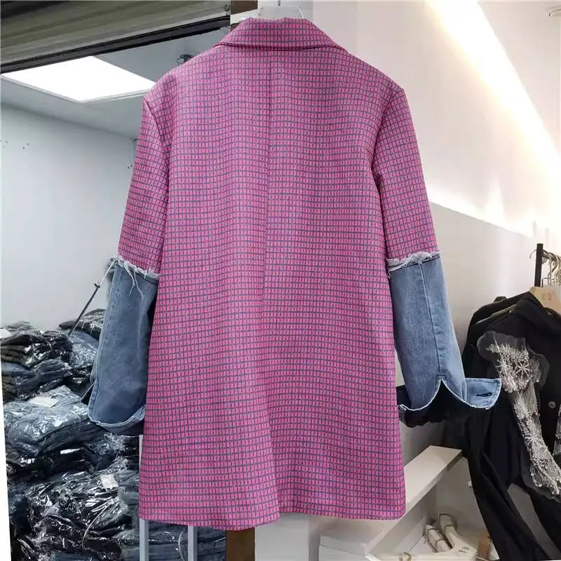 ANJY Spring Autumn New Women Trend Plaid Patchwork Denim Elegant Fashion Loose Slim Blazer Niche Design Vintage Suit-Coat A18777