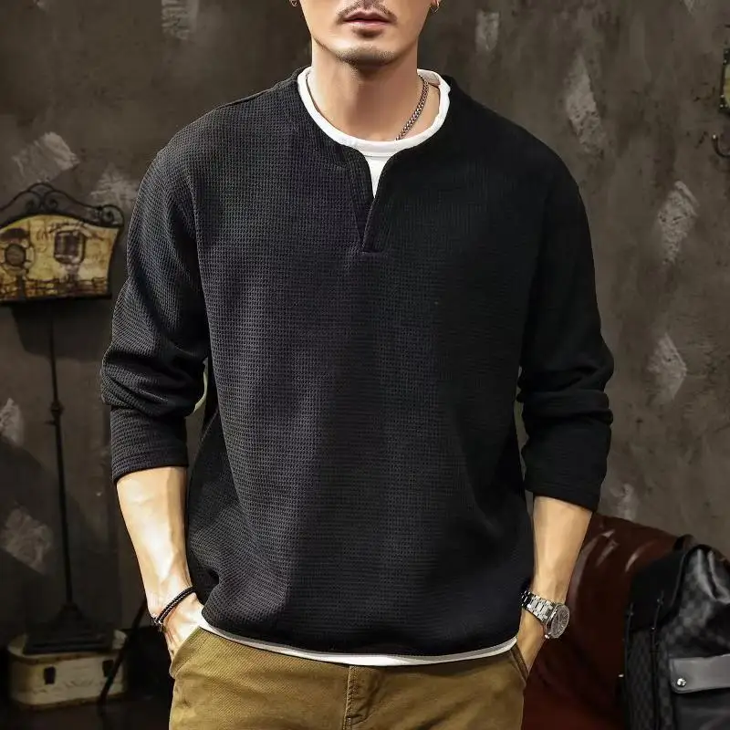 Spring and Autumn New Men Henley Neck T Shirt Long Sleeve Casual Solid Color T-Shirt Fashion Waffle Fake Two-Piece Sweatshirts