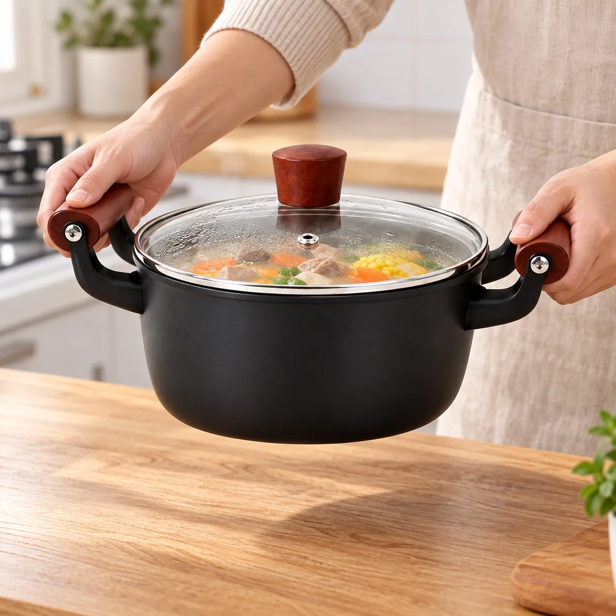 Olla de aluminio forjado para cocinar, de 30x20x11 cm, con tapa de vidrio y asas con efecto madera, olla antiadherente para sopas y guisos, compatible con cocinas de inducción y de gas.