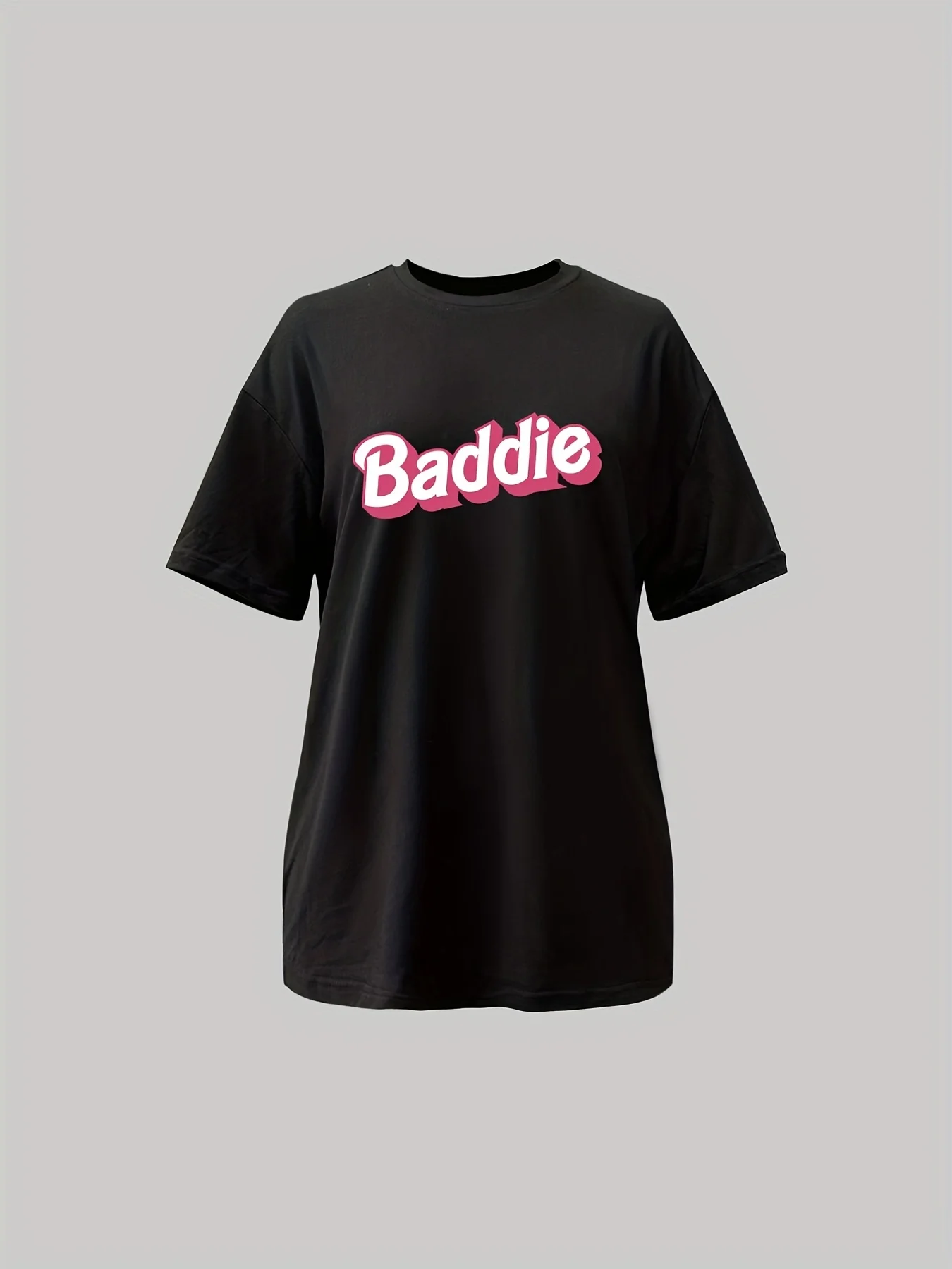 Baddie Print Crew Neck T-shirt - Casual Short Sleeve Drop Shoulder Top for Women