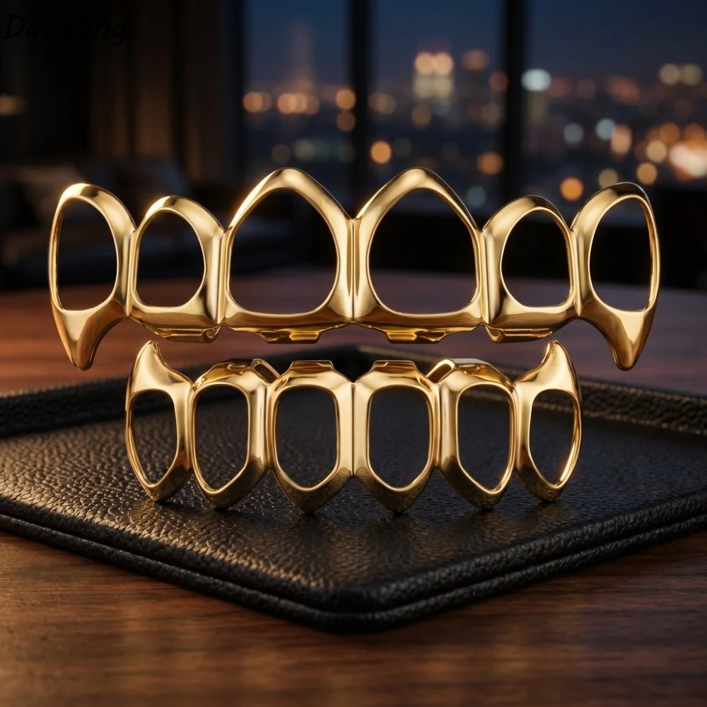 Glossy Finish Hollow Teeth Grillz Top Bottom Set Anti Slip Eco-friendly Copper Teeth Grillz Caps Silver Gold Teeth Jewelry