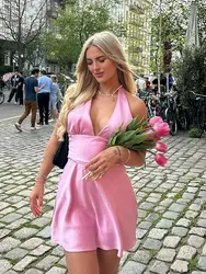 Dress For Women 2024 Summer Halter Neck Solid V Neck Backless Sexy Mini Dresses Bow Lace Up Elegant Woman A-Line Dress