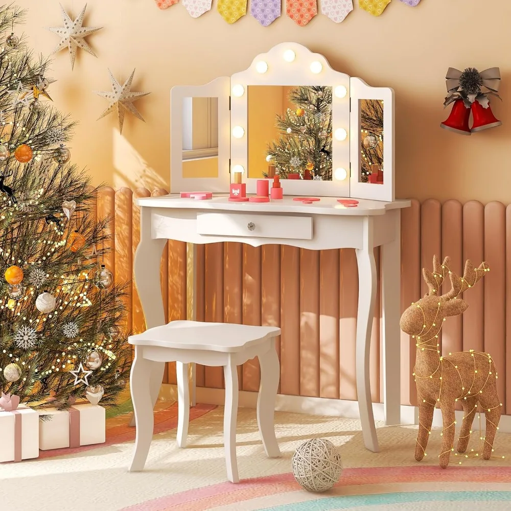 

Vanity Set with Lighted Mirror, 2 in 1 Princess Toddler Dressing Table w/Tri-Fold Mirror & Drawer, Wooden Makeup