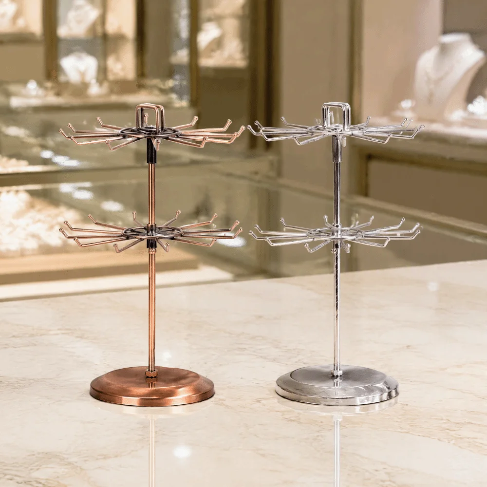 2-Tier Design Jewelry Organizer Stand Rotatable Round Shape Rotating Jewelry Holder Keychain Shelf Iron Material