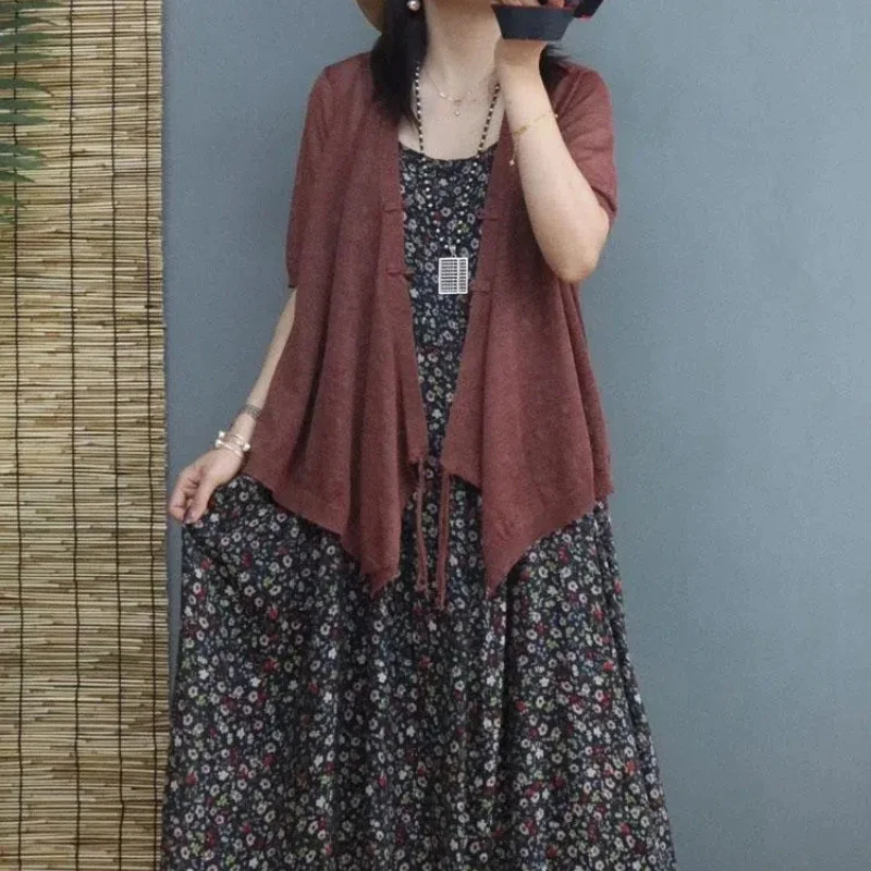 

Retro Short-sleeved Thin Ice Silk Knitted Cardigan for Women's Summer New Loose and Versatile Fashionable Small Jacket