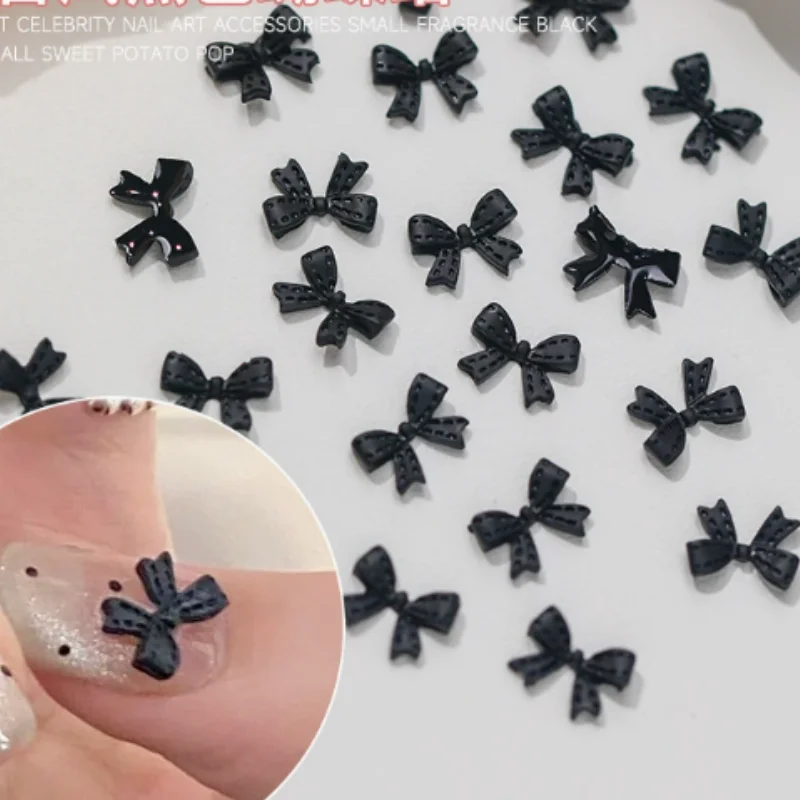 新しいリボンボウネイルアートアクセサリー、ブラックドットバタフライボウ、コンボウタイネイルチャーム、フラットバックレジンネイルラインストーンデコレーション